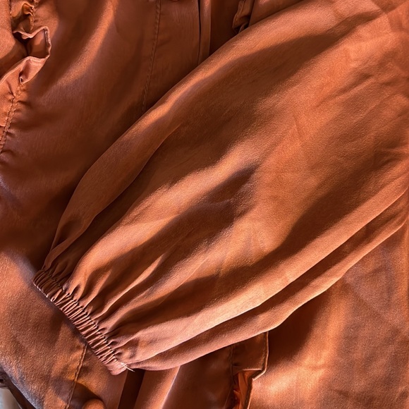 NWT Rust color long sleeve blouse w/decorative buttons and front ruffles - Picture 4 of 6